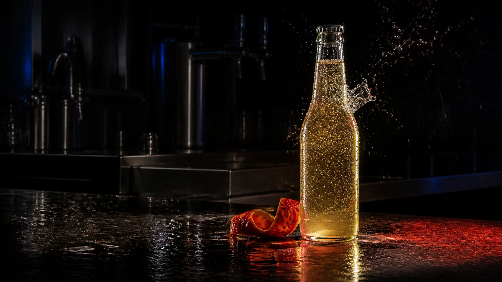 Unbranded citrus drink on a wet stainless steel counter