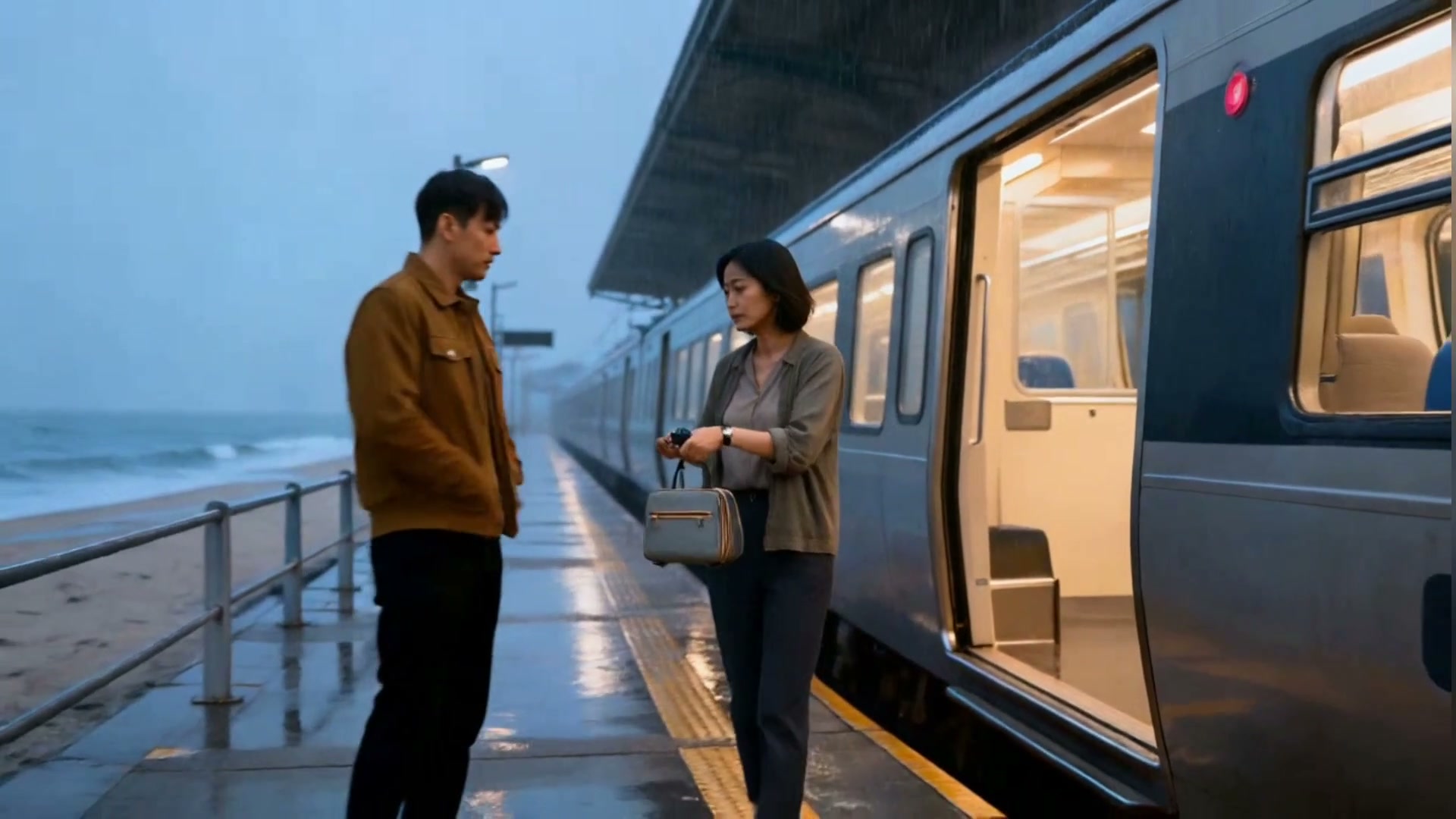 Two people exchanging a camera beside a coastal train