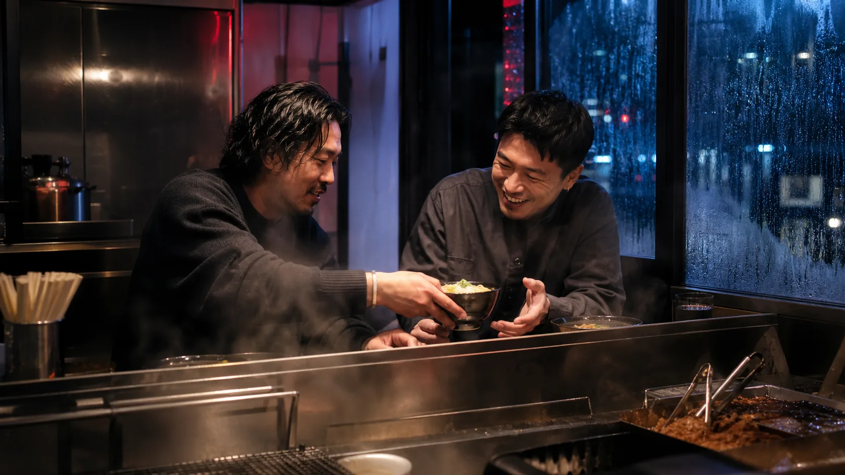 Two friends sharing food at a late-night counter
