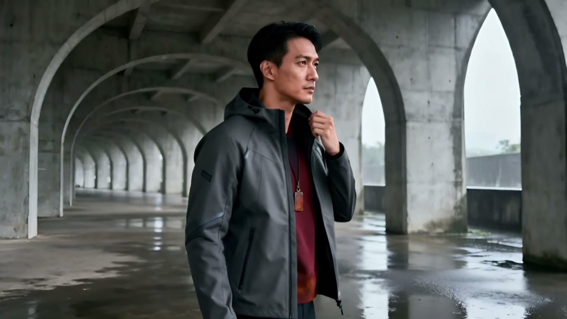 Model demonstrating a technical jacket beneath a concrete arcade