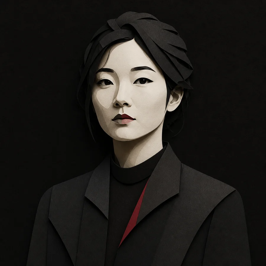 Synthetic paper portrait representing Maya Chen